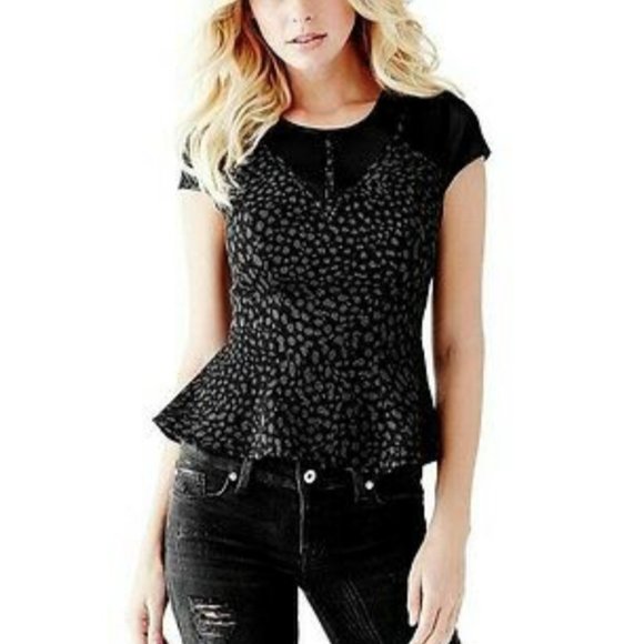 Gorgeous Mesh-Yoke Gray & Black Cap-Sleeve Back-Zip Peplum Top - Size Small - Picture 1 of 16
